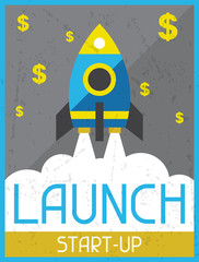 Launch Start-up. Retro poster in flat design style.