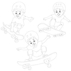 Cartoon skater boys flying through the air . Drawing style