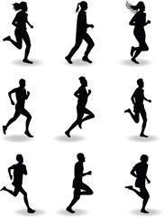 set of nine runners silhouette vector