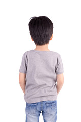 Back grey T-shirt on a boy, isolated on white background