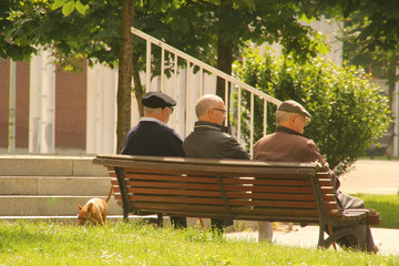 Hombres jubilados sentados en un banco del parque en un día de primavera