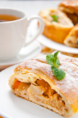 slice of an apple strudel with tea