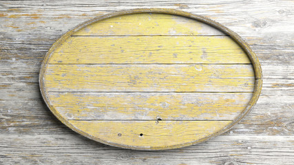 Old elliptic wooden sign on wood wall background