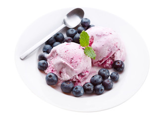 plate of blueberry ice cream with fresh berries
