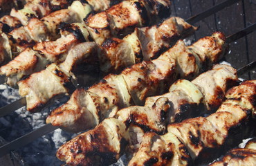 Kebab grilling on the skewers diagonal