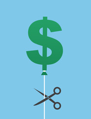 Dollar sign balloon about to be cut by scissors