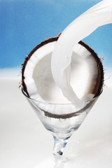 Kokosmilch Gießen auf KokosNuss,Nüsse,close up