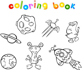 Set of space monsters, planets and rockets