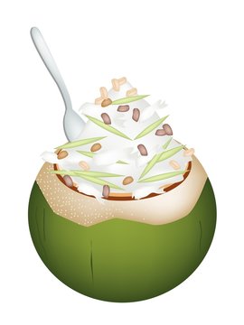 Coconut Ice Cream with Nuts and Green Rice Noodles