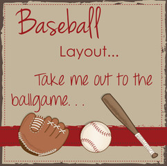 Vintage baseball, glove or mitt and wooden bat