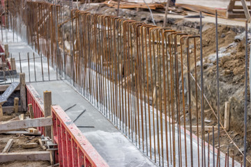Concrete steel reinforcement in foundation of a new building