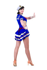 young dancer woman dressed as a sailor posing on an isolated