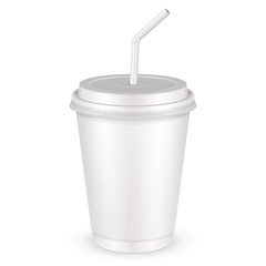 White Disposable Paper Cup With Lid And Straw