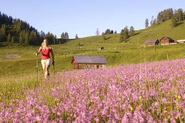 Österreich, Frau Nordic-Walking in der Wiese