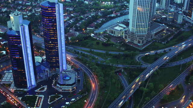 Evening Traffic in the City. View from Above. Timelapse
