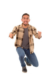 celebrating man with flannel shirt