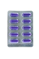 Purple long capsule in transparent blister pack