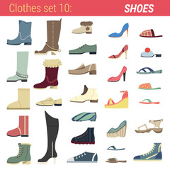 Footwear vector icon set. Boots, shoes, sandals, slippers.