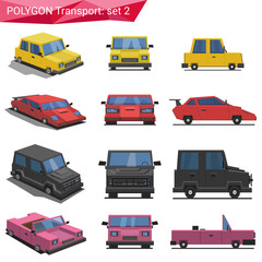 Polygon style transport vector icon set. Car, van, cabrio.