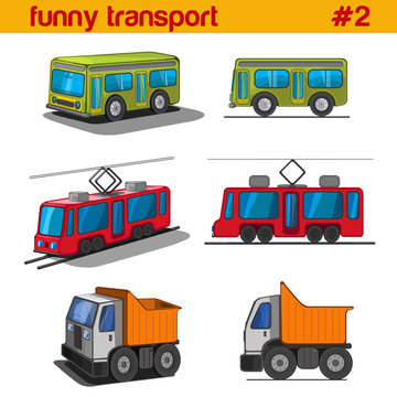 Fun cute cartoon vehicles vector icon set. Bus, tram, tip lorry.