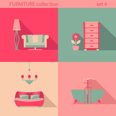 Creative design furniture icons set. Interior Long shadow style.