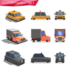 Polygonal style vehicles vector icon set. Taxi, truck, cab.