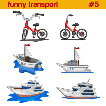 Fun cute cartoon vehicles vector icon set. Bicycle, yacht, boat.