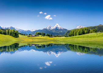 Fototapeta na wymiar Idylliczny krajobraz lato z górskie jezioro i Alpy