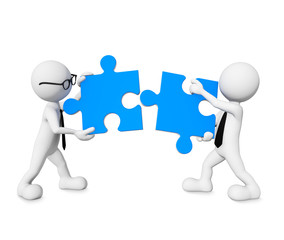 3D businessmen connecting jigzaw pieces