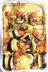 Prepared in black pan with different vegetables.