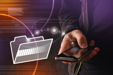 Hand with mobile smart phone transfering files to cloud folder