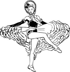 black and white vector sketch of a girl dancing the cancan