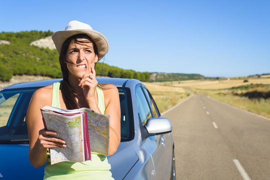 Lost Woman On Car Roadtrip Travel Problem