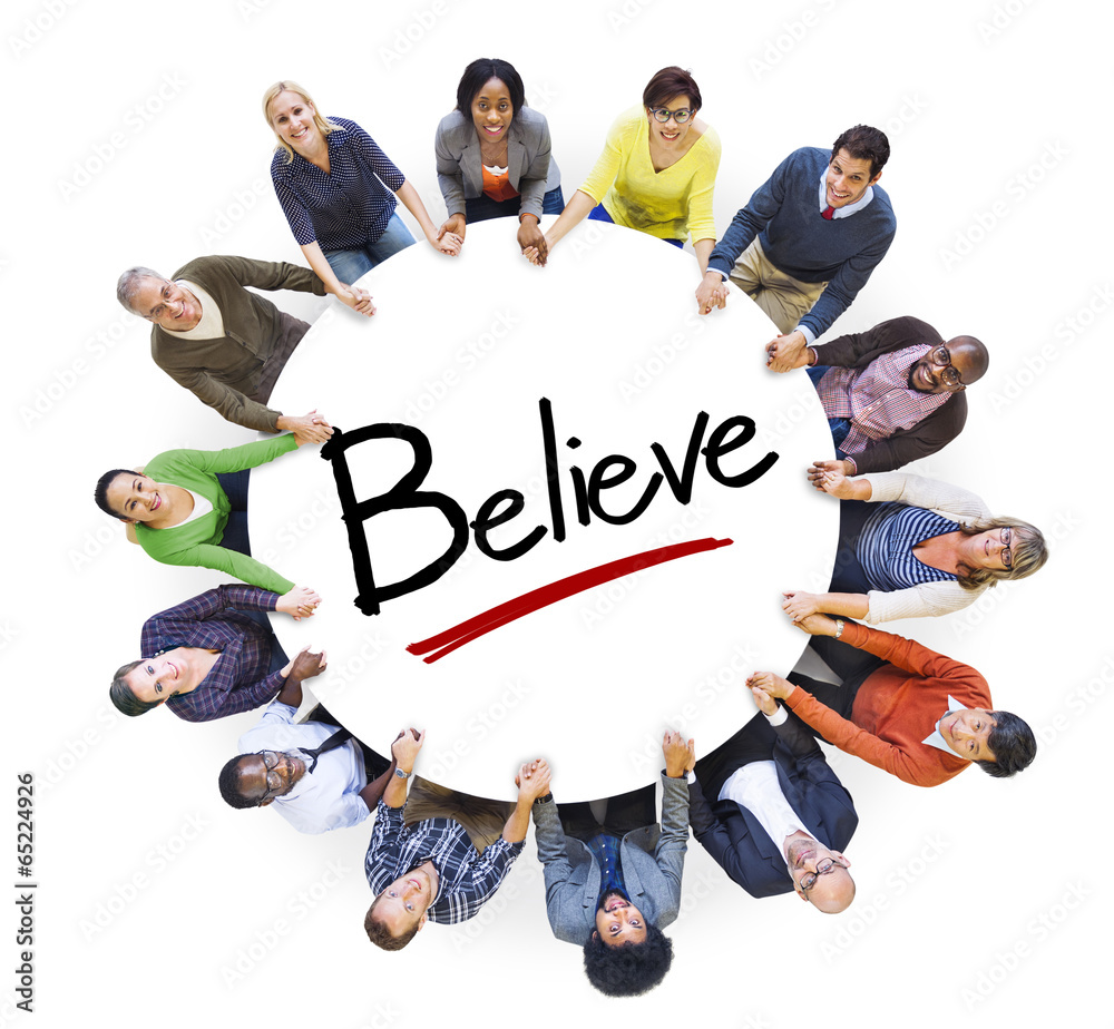 Sticker multi-ethnic group of people holding hands and believe concept - Stickers