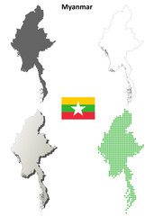 Myanmar blank outline map set