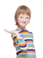 Boy Stretching out his Arm with Palm up, Looking, Smiling