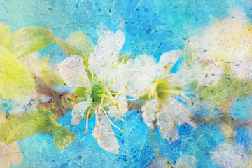 Spring twig with flowers and messy watercolor splatter