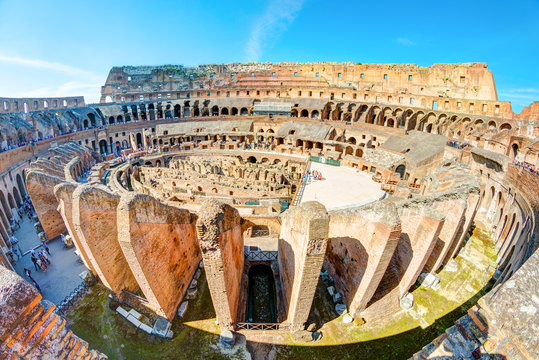 Colosseum (Coliseum) in Rome, Italy. Aerial view inside great roman theater.
