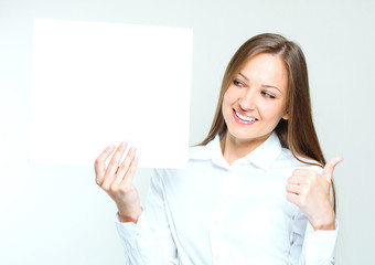 business woman holding blank poster. 