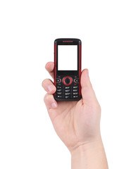 Hand holds red-black cell phone.