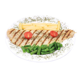 Pangasius fillet grilled with vegetables.