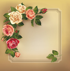 Vintage frame with beautiful roses. Vector