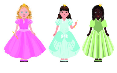 Three little girls or princesses, vector illustration