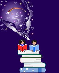 African children sit and read books and fantasy fly over their h