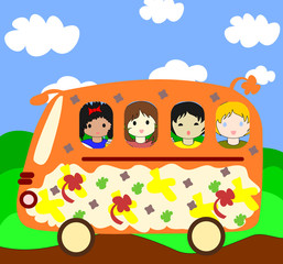 Happy children of different races going on the school bus
