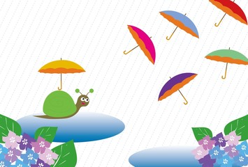 雨傘とカタツムリと紫陽花の梅雨のカット