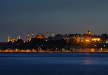 Fototapeta na wymiar Blue Mosque, Topkapi Palace, Hagia Sophia in evening