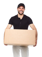 Smiling delivery man giving cardbox
