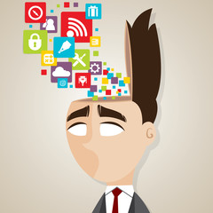 cartoon businessman with technology icons in his head