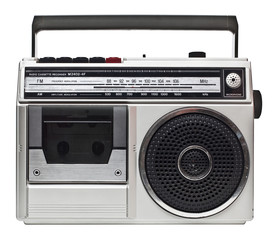 80s portable radio  white background. obsolete technology concept.